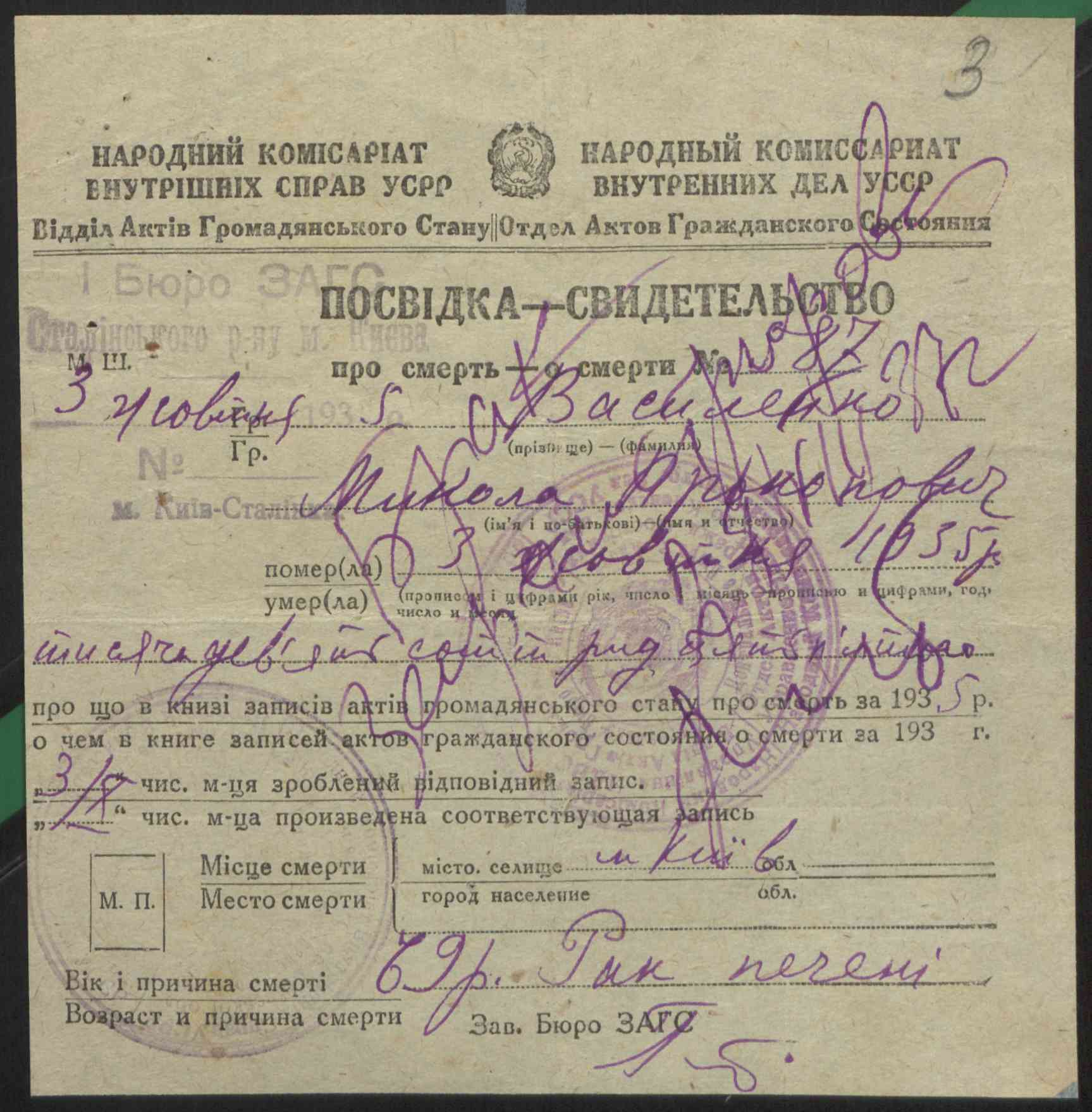 василенко посвідка про смерть 1935